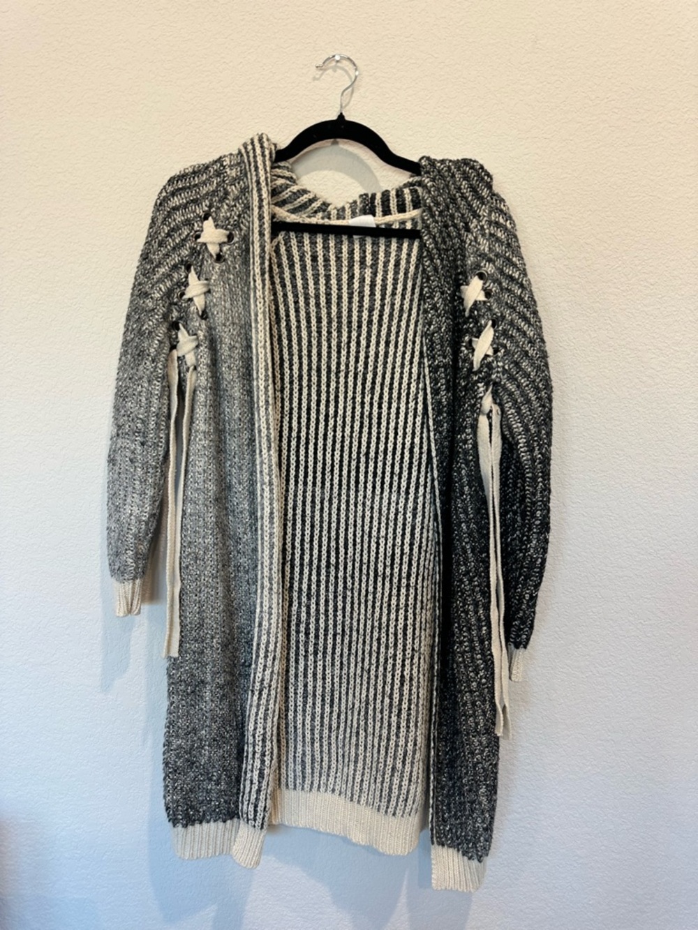 Hooded Open-Front Knit Cardigan in Gray and Cream